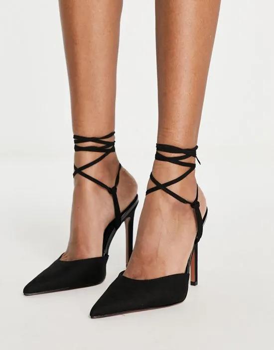 Prize tie leg high heeled shoes in black