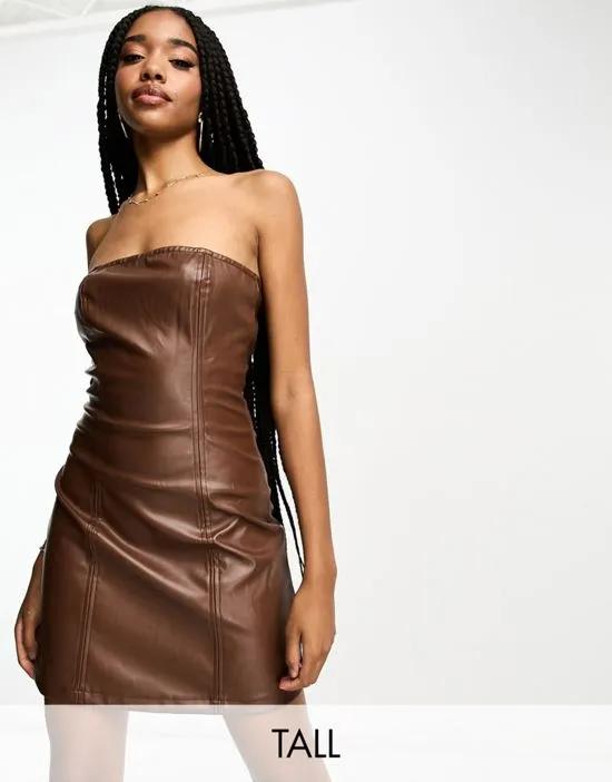 PU bandeau mini dress in brown