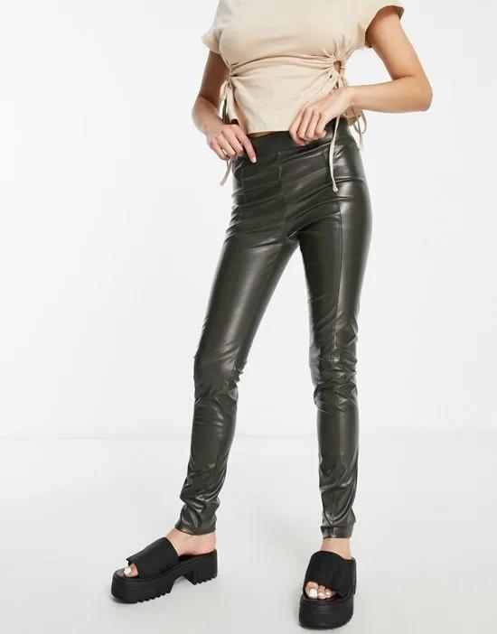 PU faux leather leggings with seam detail in khaki
