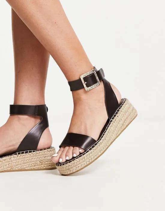 PU two part espadrille sandals with textured buckle in chocolate