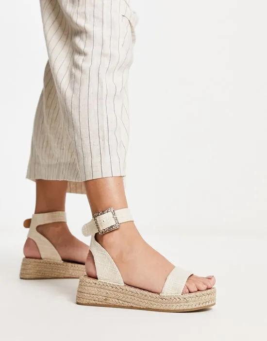 PU two part espadrille sandals with textured buckle in cream linen