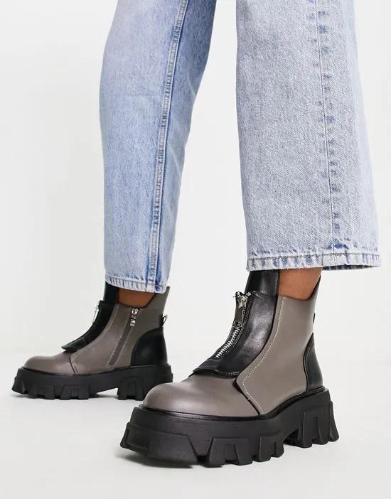Public Desire Exclusive Astra zip front chunky ankle boots in gray and black 