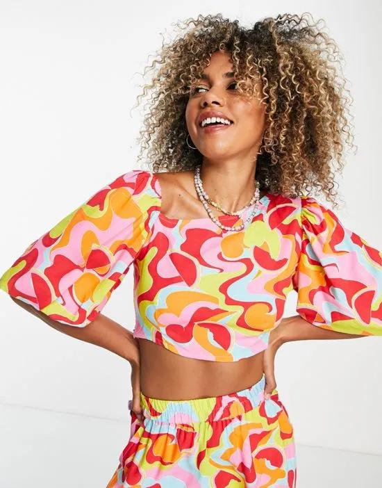 puff asymetric sleeve crop top in abstract retro fruit print - part of a set