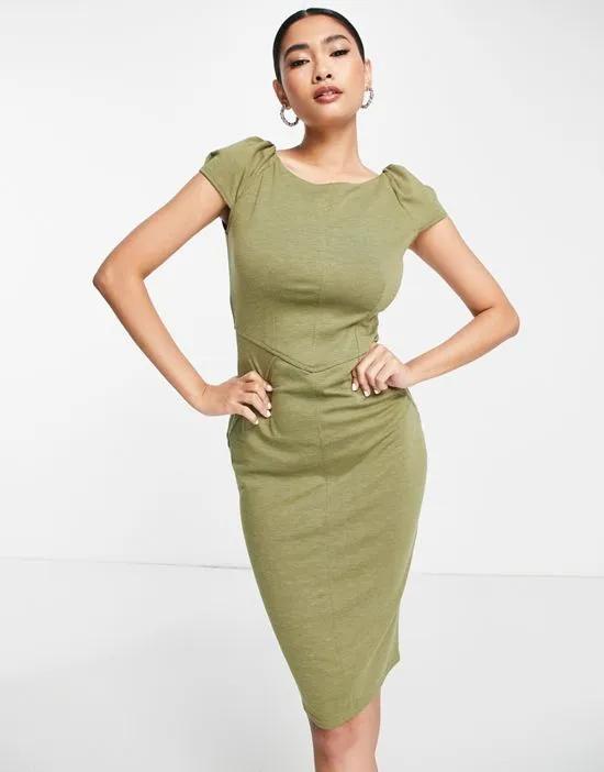 puff shoulder pencil dress with bodice detail in olive