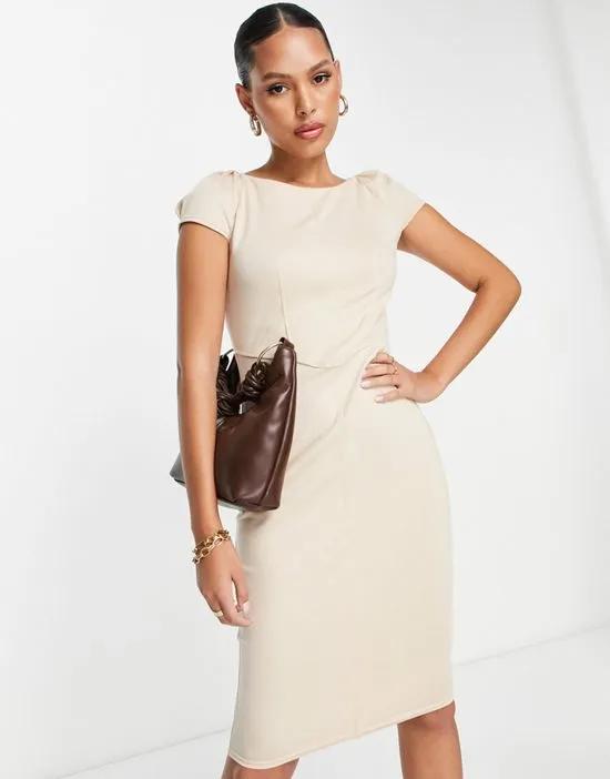 puff shoulder pencil dress with bodice detail in taupe