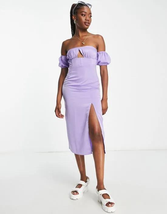 puff sleeve bardot midi dress in lilac