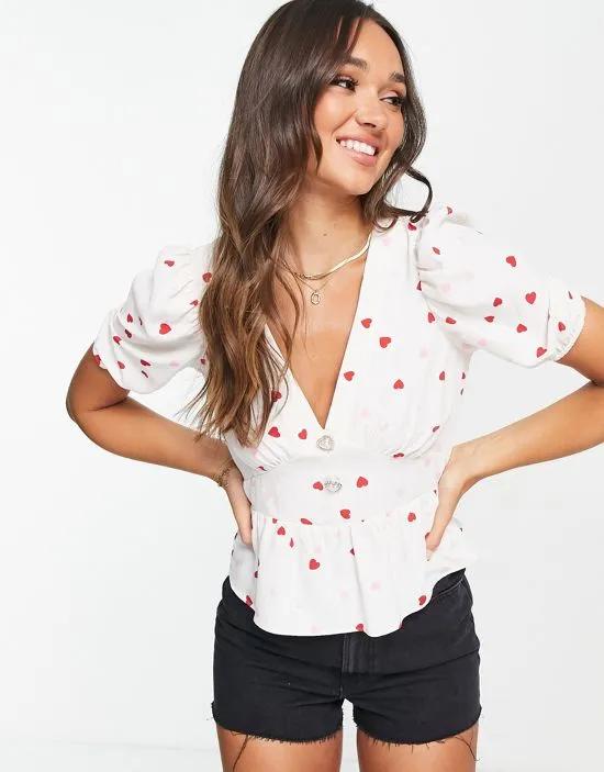 puff sleeve blouse in heart print