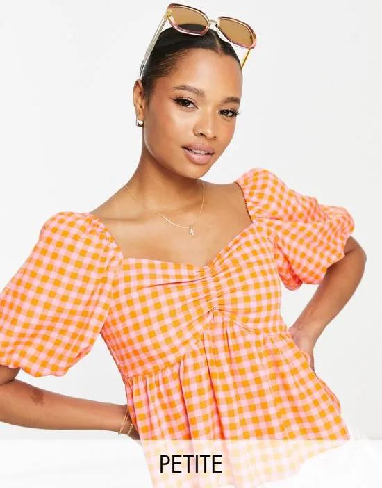 puff sleeve blouse in pink gingham