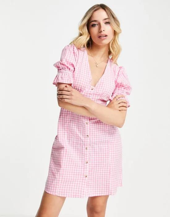 puff sleeve button down mini dress in pink gingham