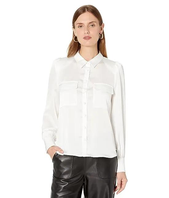 Puff Sleeve Button-Down Shirt with Breast Pockets