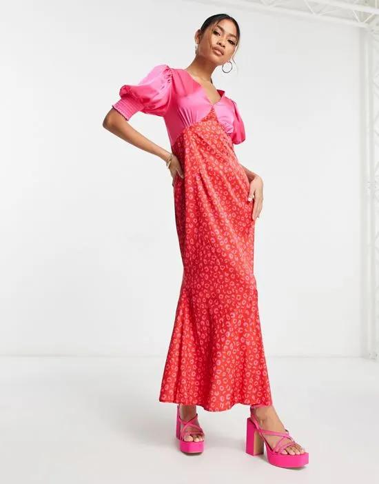 puff sleeve contrast maxi dress in pink and red