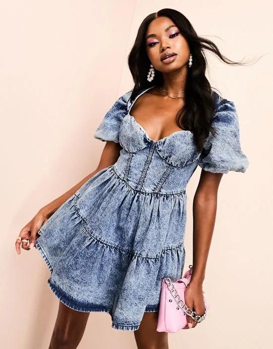 puff sleeve corsetted mini skater dress in blue denim