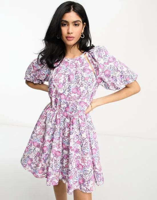 puff sleeve cotton mini dress in floral