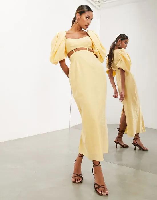 puff sleeve cut out detail midi dress in yellow