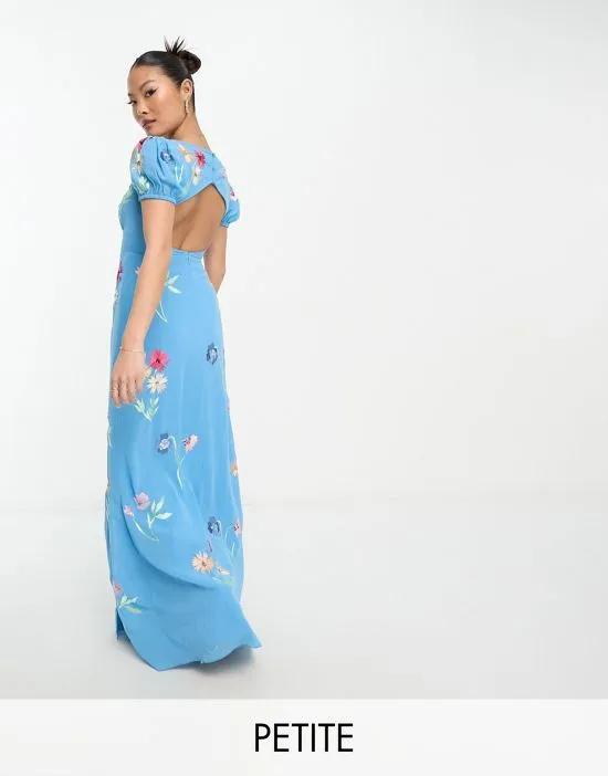 puff sleeve embroidered maxi dress in blue