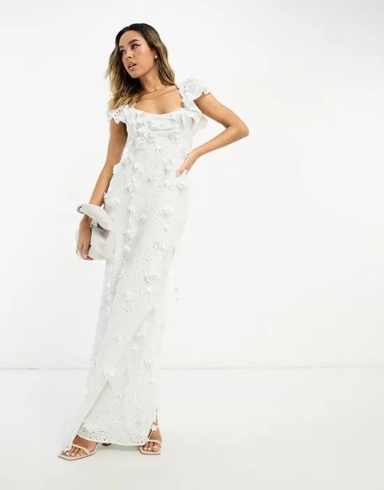 puff sleeve eyelet cut out midi dress with floral corsage detail in light blue