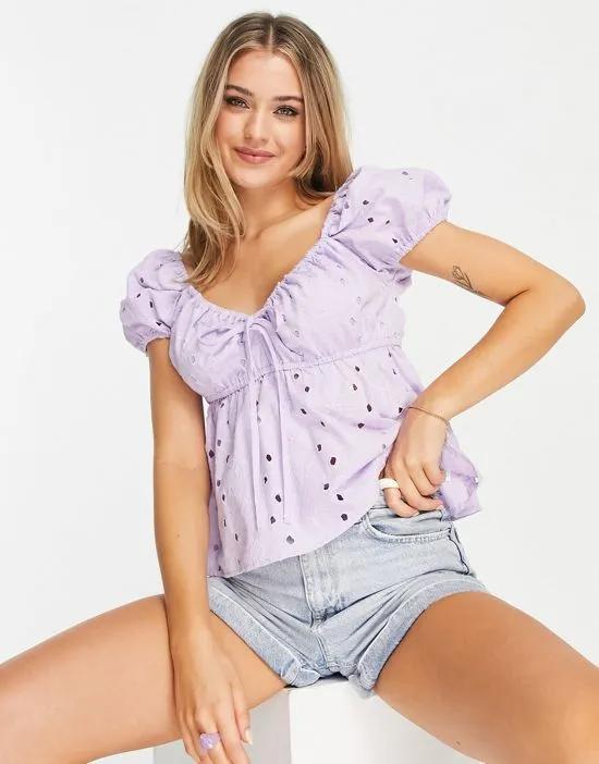 puff sleeve eyelet smock with channel neck detail in lilac