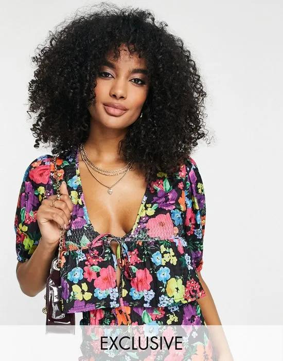 puff sleeve floral cropped blouse in multi - part of a set