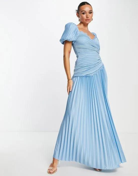 puff sleeve lace trim pleated skater dress in dusky blue