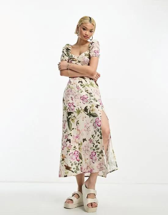 puff sleeve linen midi dress in bird and floral print