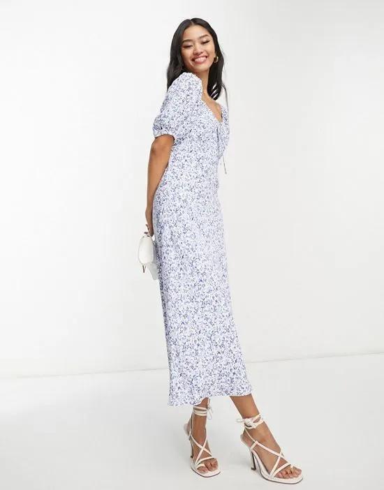 puff sleeve maxi dress in ditsy blue floral