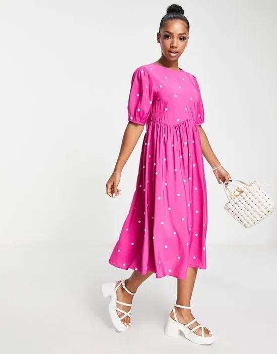 puff sleeve midi dress in hot pink with polka dot