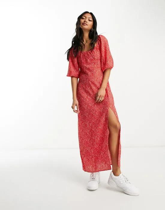 puff sleeve midi dress in red and white spot