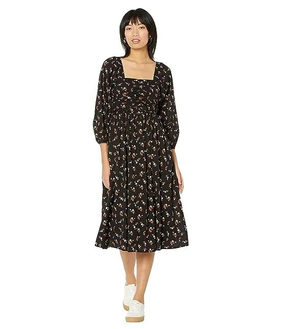 Puff-Sleeve Midi Dress in Woodland Floral