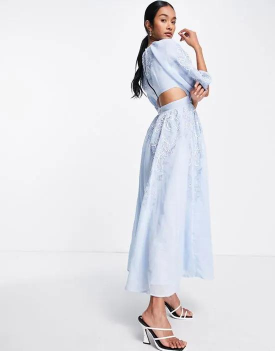 puff sleeve midi dress with cut-out back and beaded embroidery in blue