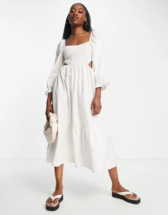 puff sleeve midi dress with cut out detail in white