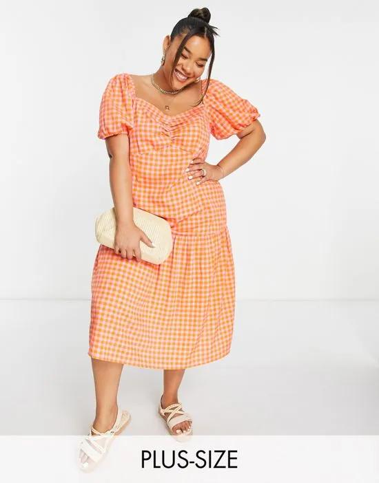 puff sleeve midi smock dress with tiered skirt in bright gingham