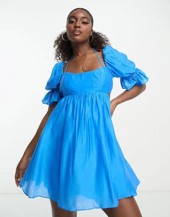 puff sleeve mini dress in bright blue