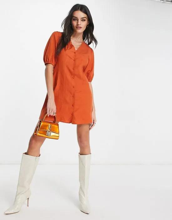 puff sleeve mini dress in orange