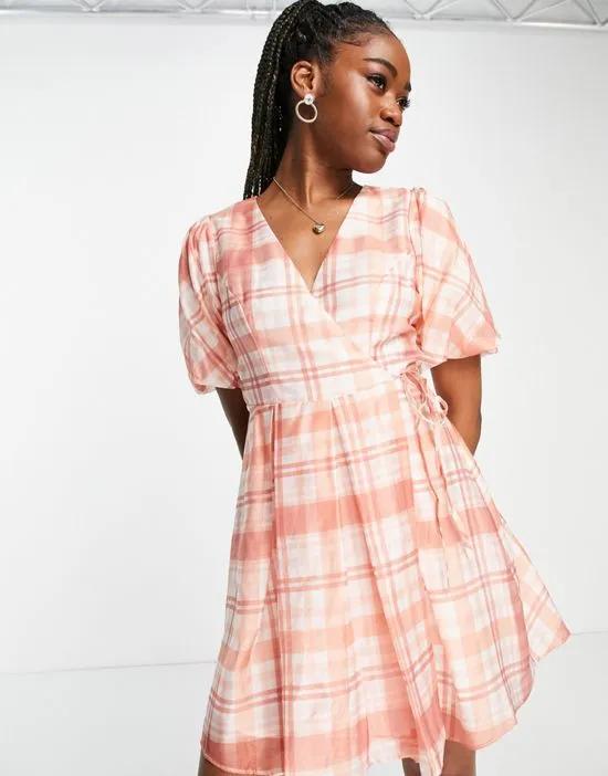 puff sleeve mini dress in oversized red plaid