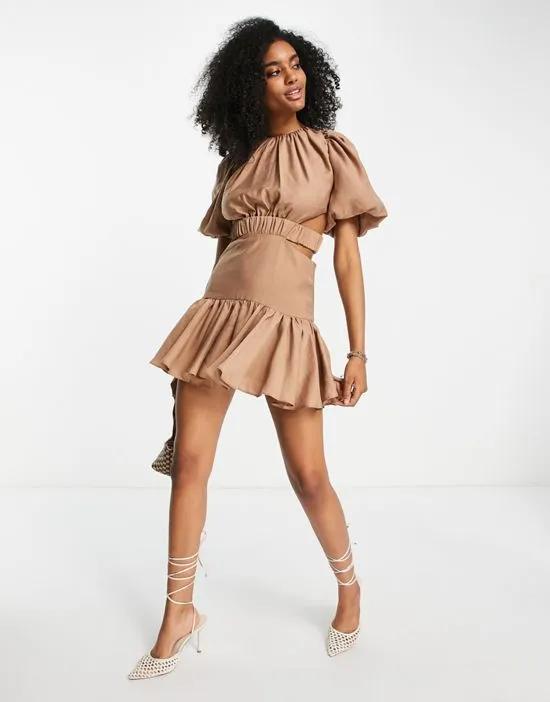 puff sleeve mini dress with cut out and ruched waist band detail in taupe