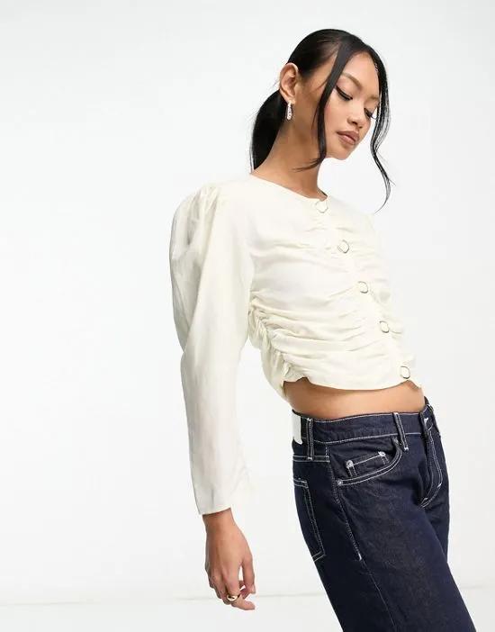 puff sleeve ruched blouse in off white