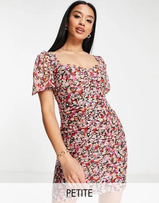 puff sleeve ruched mini dress in bright floral