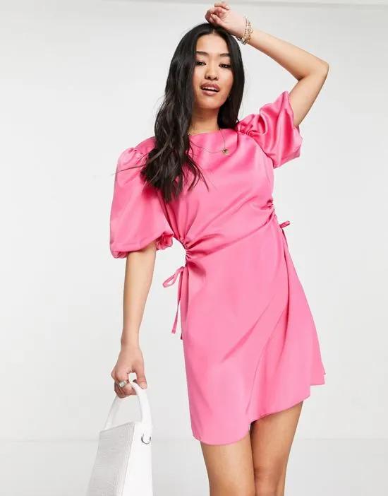 puff sleeve satin mini dress with cut out detail in pink