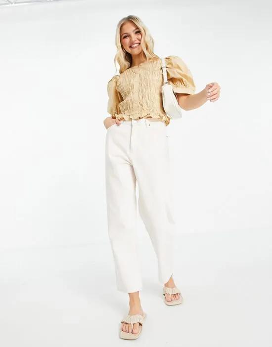 puff sleeve shirred detail blouse in camel