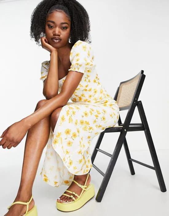 puff sleeve square neck midi dress in buttercup floral