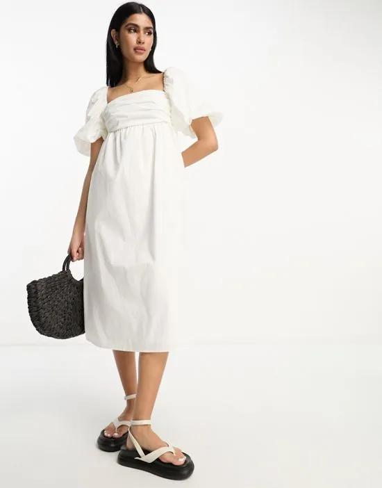 puff sleeve square neck midi dress in white