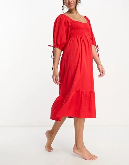 puff sleeve textured midi beach summer dress in red