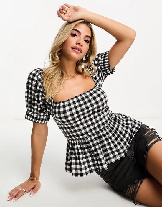 puff sleeve textured smock blouse in gingham