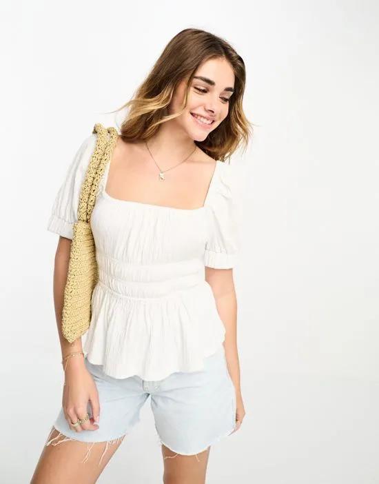 puff sleeve textured smock blouse in white