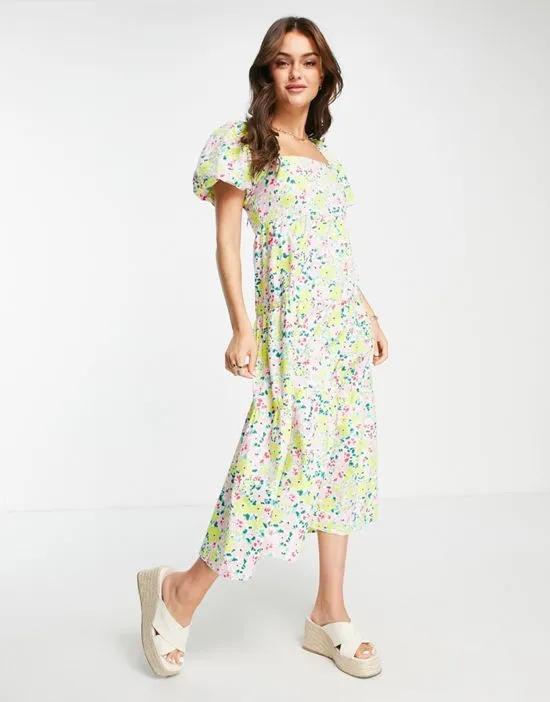 puff sleeve tie back midi smock dress in yellow floral