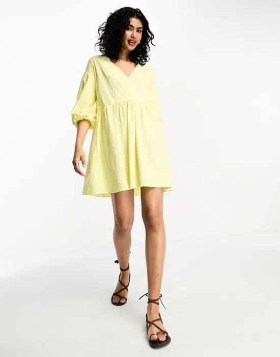 puff sleeve tie back smock mini dress in yellow