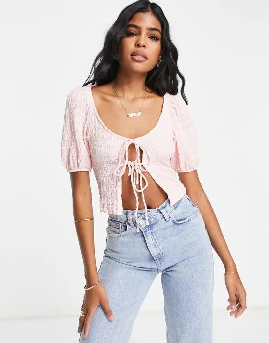 puff sleeve tie front top in pink