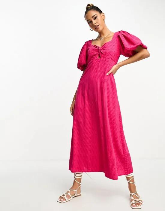 puff sleeve twist front midi dress in pink