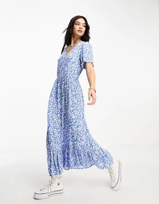 puff sleeve v neck maxi dress in blue floral