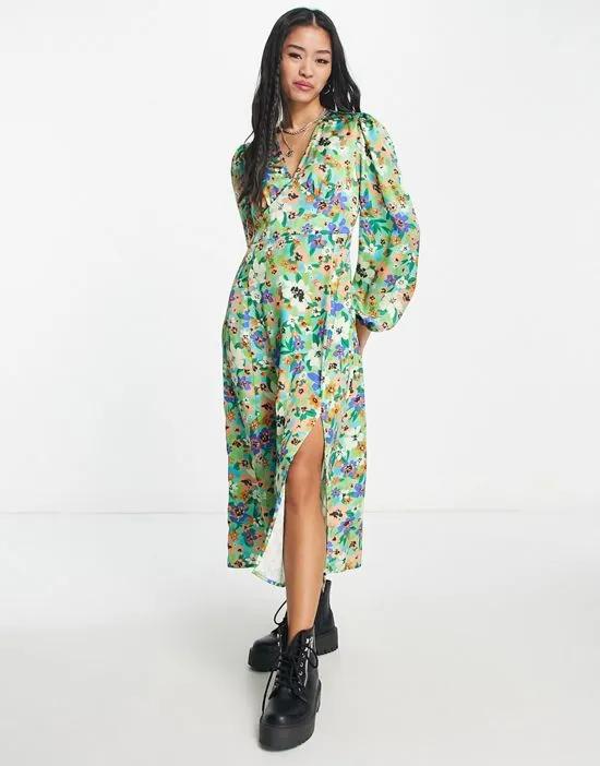 puff sleeve v neck midi dress with side split in green floral